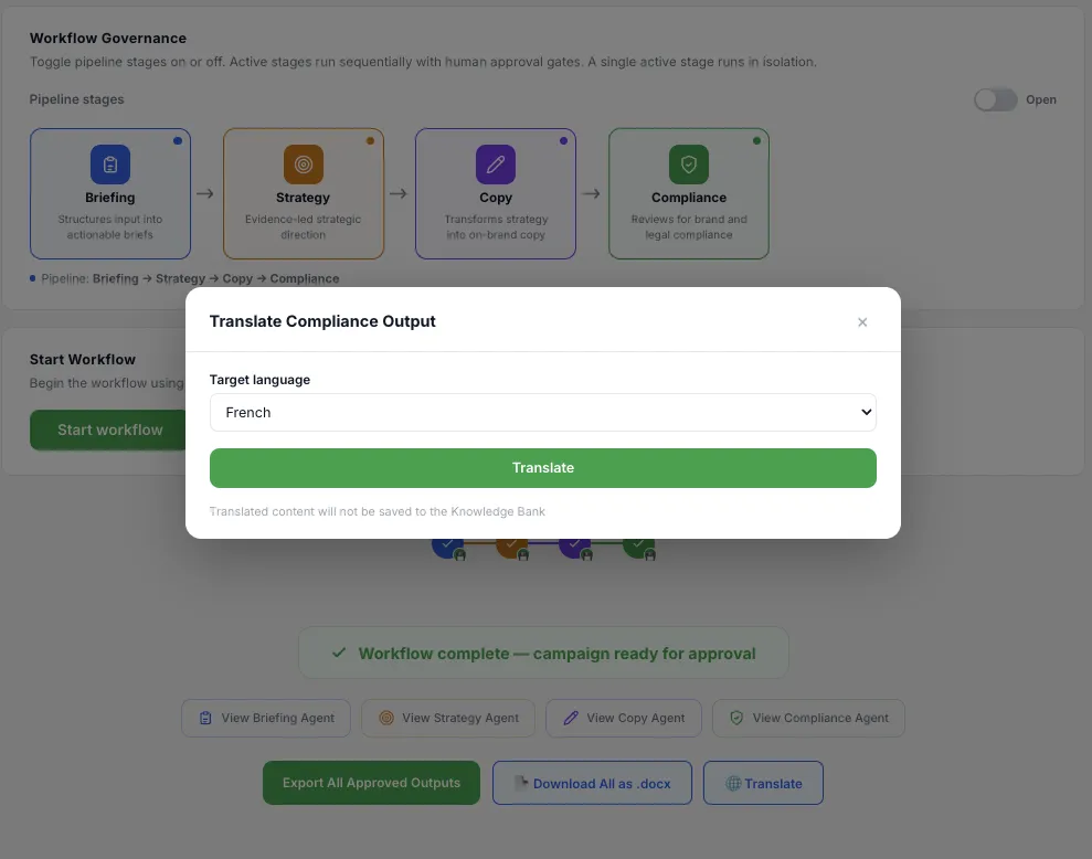 Translation modal showing language selection over completed workflow