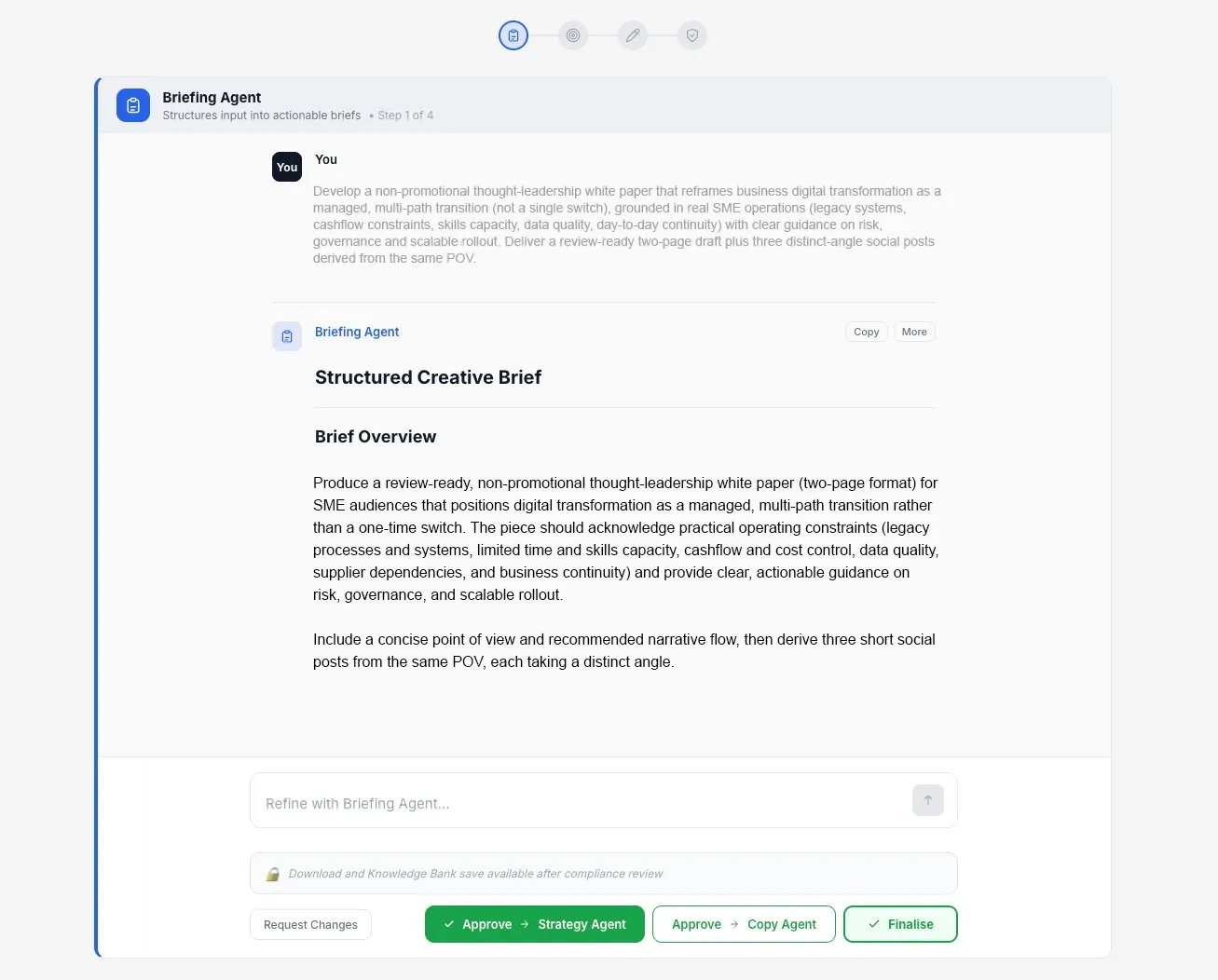 Briefing Agent structuring a creative brief with human approval controls
