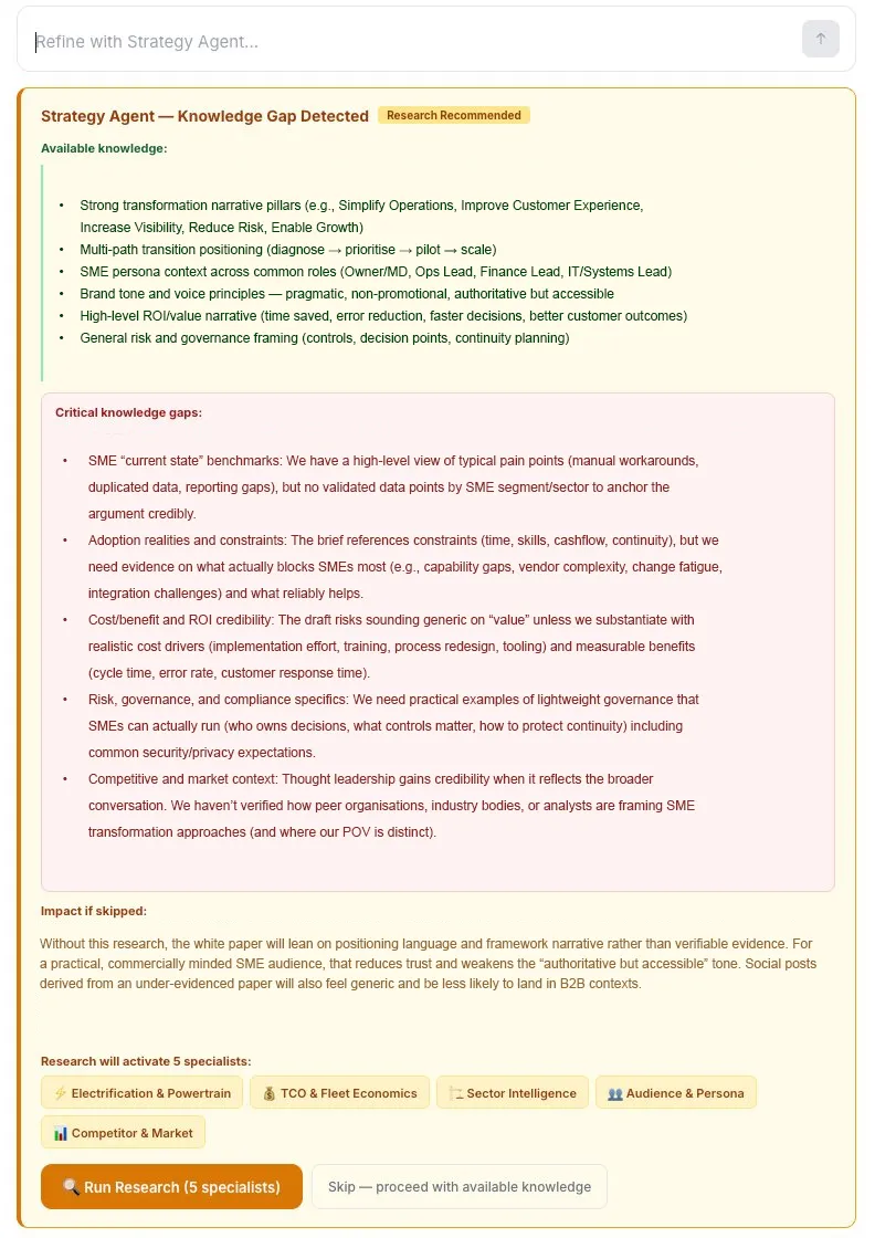 Strategy Agent knowledge gap detection showing critical gaps and recommended specialists