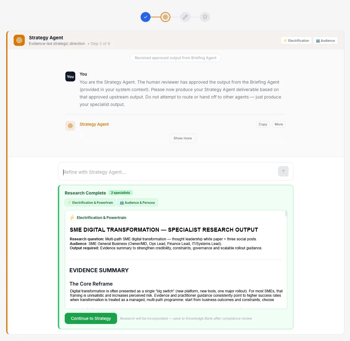 Research Complete panel showing specialist outputs with evidence and Continue to Strategy button