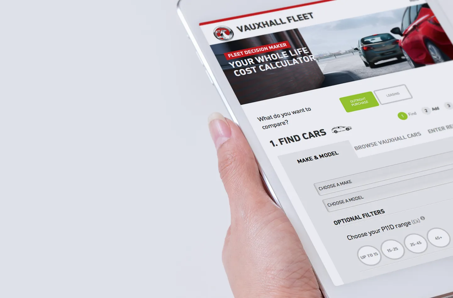 Vauxhall Whole Life Cost Calculator interface showing vehicle comparison dashboard